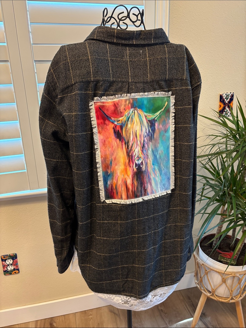 Handmade one of  kind Plaid flannel with Colorful Highland Cow Fringe Patch